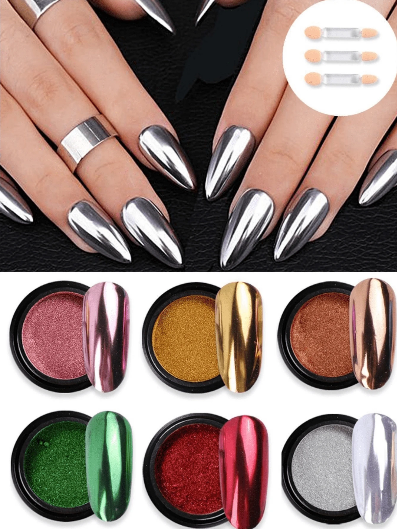 6 件装 Y2K 闪亮指甲粉，金属色指甲凝胶抛光镀铬薄片美甲闪光粉装饰 - 彩色 - 查看 1
