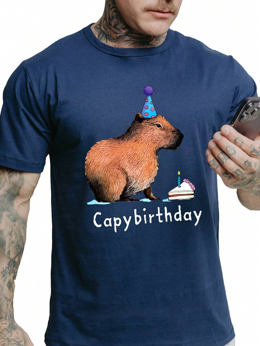 T-Shirt Men's Slim Unisex Oversize 100% Cotton Newest Printed Capybirthday 7095 - Màu xanh hải quân - Xem 1