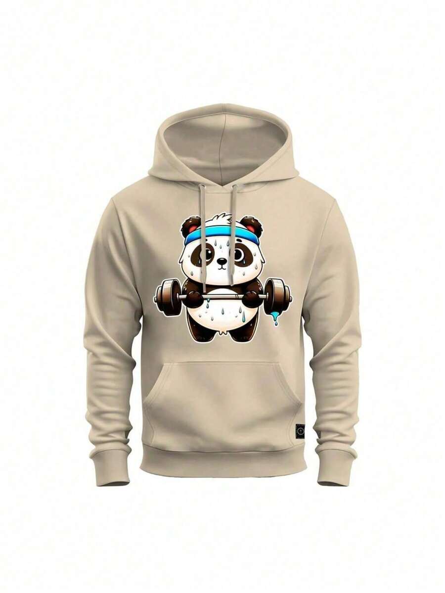 Comfortable Men's Kangaroo Sweatshirt With Pocket And Sweaty Panda Hood - 米色 - 查看 1