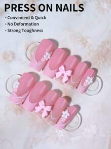 24 件 3D 凝胶指甲，可制作方形粉色法式尖头按压指甲，中号花朵蝴蝶结设计亚克力假指甲套装，包含 1 件果冻胶和 1 个指甲锉，易于佩戴 3D 凝胶指甲，法式尖头按压指甲艺术，适合女性女孩日常工作节日派对使用美甲用品 - 彩色 - 查看 2