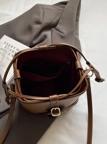 low tea 1pc Solid Color PU Leather Crossbody Bag With Drawstring Closure, Suitable For Daily Use By Women