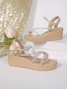 Women's Summer Rhinestone High Heel Sandals Open Toe Thick Sole Wedge Sandals - Apricot - View 2