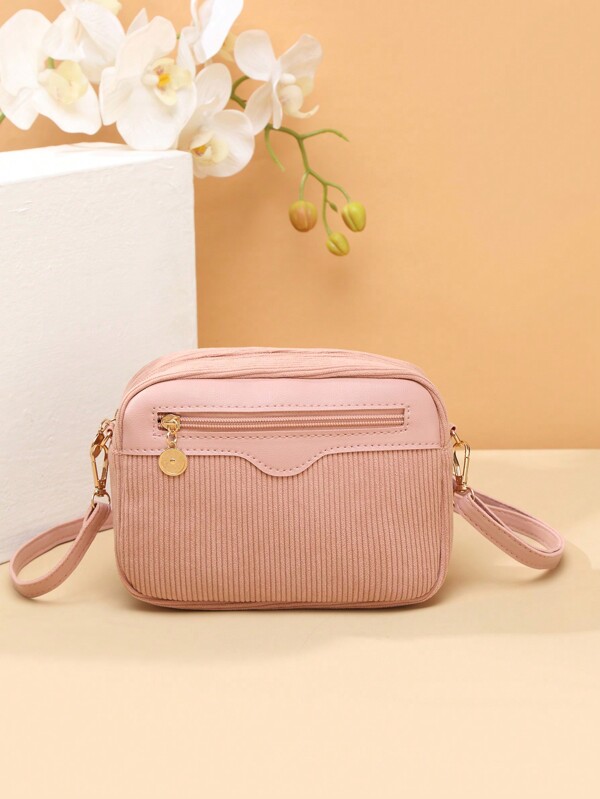 1pc New Women's Camera Bag, Fashion Minimalist Versatile Lightweight Casual Crossbody Bag, Pink Corduroy Material, Shoulder Bag, Autumn/Winter 2024 New Women Bag