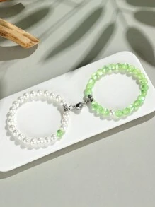 2pcs Classic Heart Magnetic Clasp Bracelet Set, Turquoise Represents Luck & Success, Crystal Energy Stone Bracelet, Friendship/Couple Valentine's Gift, Daily Accessory, 8mm Beads Crystal Bracelet Set - Multicolor - View 34