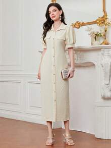 优雅淑女端庄提花前纽扣泡泡袖连衣裙，春夏 - 杏色 - 查看 1