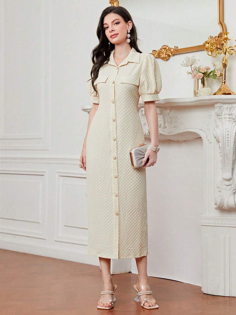 优雅淑女端庄提花前纽扣泡泡袖连衣裙，春夏 - 杏色 - 查看 1