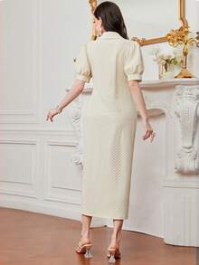 优雅淑女端庄提花前纽扣泡泡袖连衣裙，春夏 - 杏色 - 查看 2