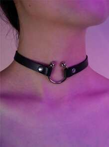 黑色皮革锁骨链项圈 复古细款PU颈链 女士新款哥特性感饰品 女士礼物 - 黑色 - 查看 1