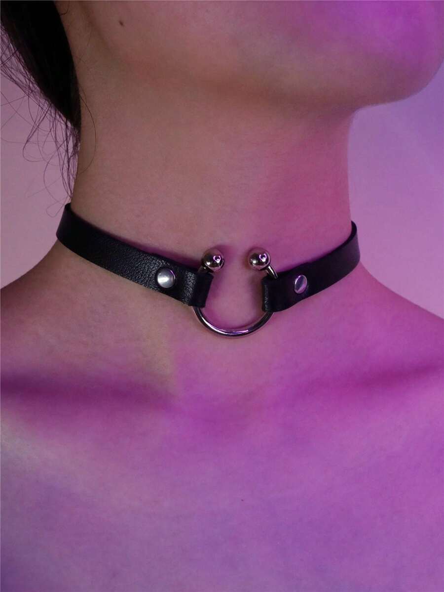 黑色皮革锁骨链项圈 复古细款PU颈链 女士新款哥特性感饰品 女士礼物 - 黑色 - 查看 1