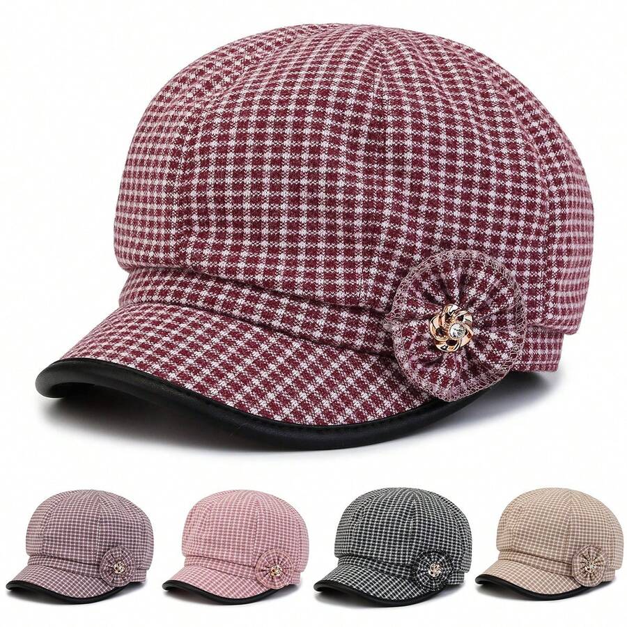 1 件装中老年女士格子帽檐防风报童帽，优雅休闲户外时尚八角帽，适合秋冬季 - 中老年成熟女性報童帽 - 查看 1