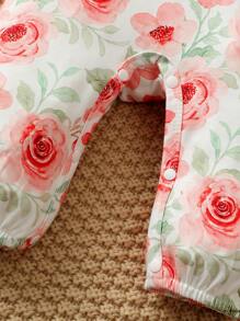 Baby Girls' 2pcs Floral Jumpsuit Set With Button Placket, Ruffled Collar, Long Sleeve - Pink - View 7
