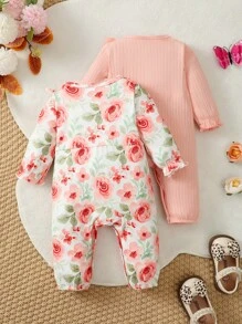 Baby Girls' 2pcs Floral Jumpsuit Set With Button Placket, Ruffled Collar, Long Sleeve - Pink - View 2