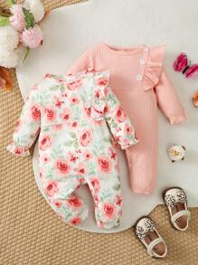 Baby Girls' 2pcs Floral Jumpsuit Set With Button Placket, Ruffled Collar, Long Sleeve - Pink - View 1