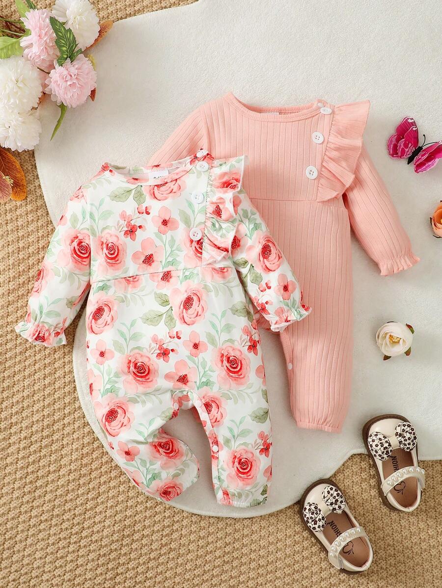 Baby Girls' 2pcs Floral Jumpsuit Set With Button Placket, Ruffled Collar, Long Sleeve - Pink - View 1
