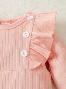 Baby Girls' 2pcs Floral Jumpsuit Set With Button Placket, Ruffled Collar, Long Sleeve - Pink - View 4