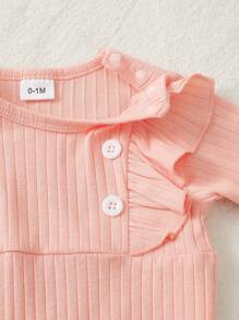 Baby Girls' 2pcs Floral Jumpsuit Set With Button Placket, Ruffled Collar, Long Sleeve - Pink - View 3