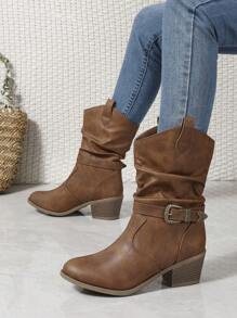 棕色搭扣褶皱圆头粗跟中筒休闲百搭女式骑马靴，秋冬季款，西部靴，牛仔靴