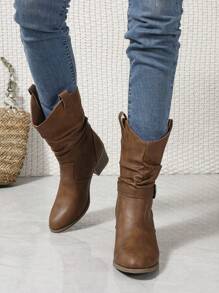 棕色搭扣褶皱圆头粗跟中筒休闲百搭女式骑马靴，秋冬季款，西部靴，牛仔靴