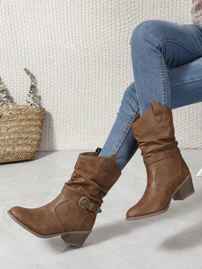 棕色搭扣褶皱圆头粗跟中筒休闲百搭女式骑马靴，秋冬季款，西部靴，牛仔靴