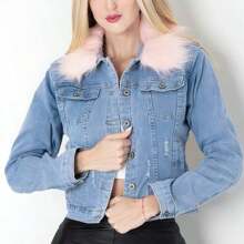 Chaqueta de mezclillas de manga regular de moda con ribete de peluche  rosa y forro polar interior. - Rosa - Ver 4