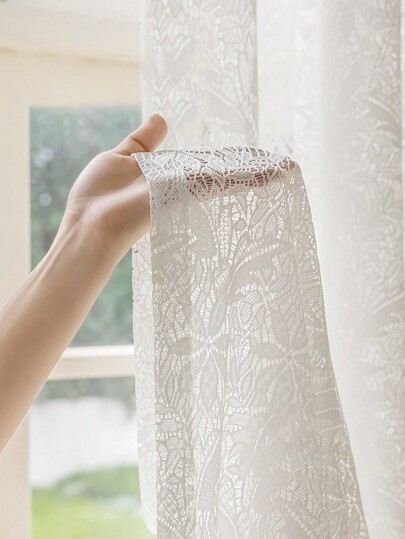 1pc White Flower Embroidered Design  Door Curtain Sheer Curtain For Home Polyester Washable  For Bedroom And Living Room