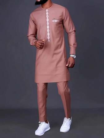 قميص ثوب رسمي ذو أكمام طويلة مطبوع بطبعة داشيكي أفريقية تقليدية ذهبية مع أزرار من للرجال