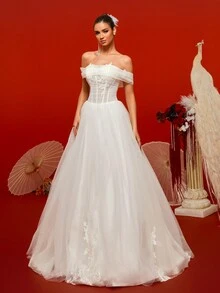 Elegante vestido de novia romántico de tul con hombros descubiertos, bordado de encaje y cintura de sirena - Blanco - Ver 8