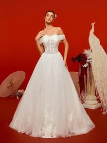Elegante vestido de novia romántico de tul con hombros descubiertos, bordado de encaje y cintura de sirena - Blanco - Ver 2