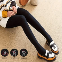 1 件装毛绒内衬紧身裤，不透明高腰保暖弹力紧身裤，女士袜子 - 黑色 - 查看 1