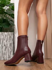 2025 年秋冬女式高跟方头中筒靴，法式短踝切尔西靴，可搭配任何连衣裙，裸色简约粗跟时尚女靴 - 酒紅色 - 查看 4