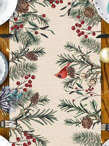 Christmas Pine Needle Linen Table Runner Dresser Scarf Pine Cone Cardinal Red Birds Kitchen Table Runner Christmas Decorations - Multicolor - View 6