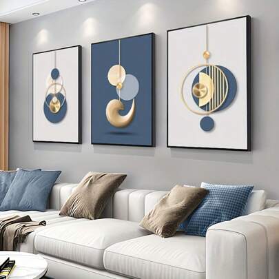 Set Of 3 Optional Frame Modern Luxury Golden Blue Graphic Poster,Waterproof Canvas Wall Art, Artwork Wall Painting For Gift, Living Room, Bedroom, Dining Room, Kitchen, Office, Bathroom, Cafe, Bar, Wall Decor Aesthetic,Home And Dormitory Decoration