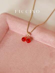 FICCINO FICCINO Colar com pingente de zircônia cúbica embelezado com cereja em corrente de caixa de ouro revestida de titânio ajustável, estilo fofo de verão, presente para namorada, vem com caixa