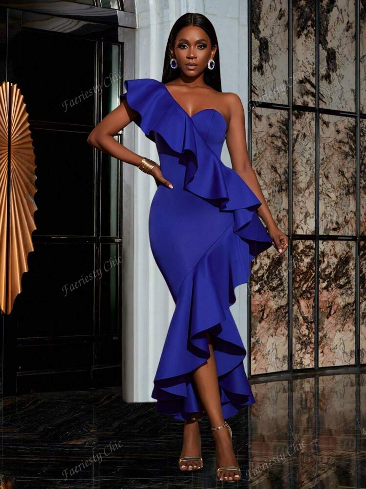 One Shoulder Exaggerated Ruffle Trim Cocktail Dress