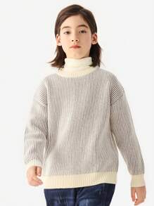 CUNYI Boys' Striped Color Block Angora Blend Thick Warm Knitted Sweater, Autumn/Winter - Grey - View 2