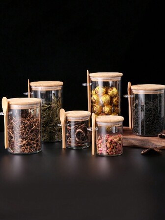 1pc Glass Food Storage Jar With Bamboo Lid, Kitchen Airtight Container For Tea, Dried Fruit