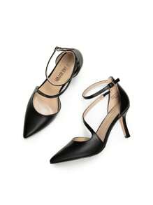 Women's Stiletto High Heels Strappy Pumps Closed Pointed Toe Ankle Strap Solid Color Fashionable Wedding Bridal Party Dress Shoes - 黑色/PU - 查看 5