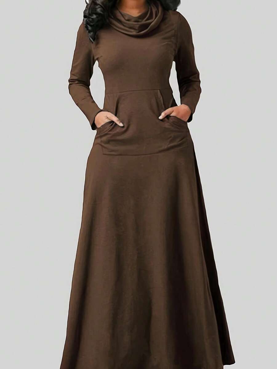 Plus Size Casual Solid Color Patchwork Pocket Turtleneck Dress - Coffee Brown - View 1