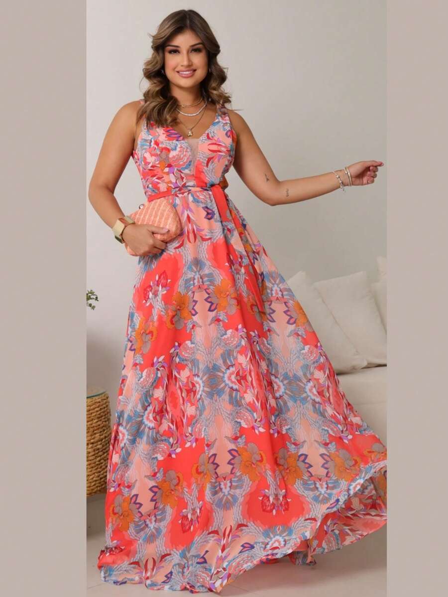 Women's Long Dress With Straps Floral Print Tank Top Fashion Party Event - 珊瑚粉 - 查看 1