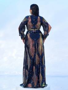 seomiscky Plus Size Women's Long Sleeve Sequin Design Evening Gown - Black - View 9