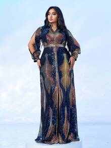 seomiscky Plus Size Women's Long Sleeve Sequin Design Evening Gown - Black - View 6