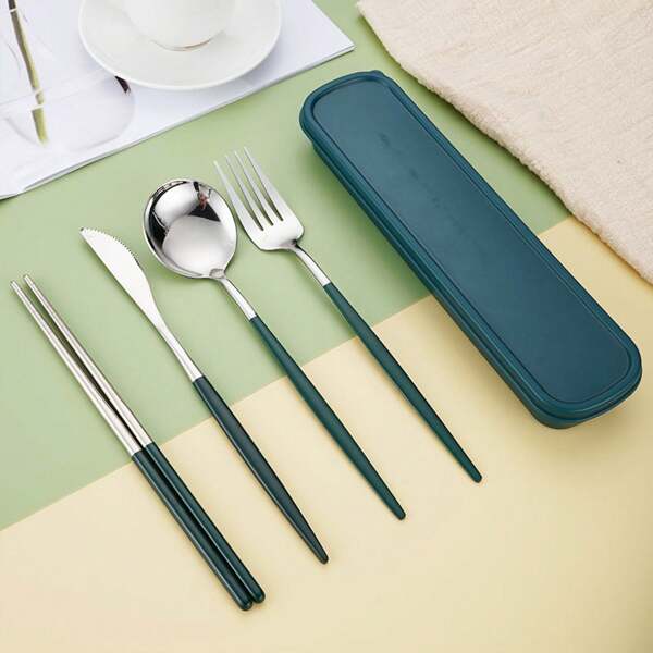 4pcs Stainless Steel Flatware Set, Includes Knife, Fork, Spoon, And Chopsticks, Shiny Polished Handles, Thickened, For Students, Outdoor, Picnics, Portable Cutlery Case,Kitchen,Christmas Gift