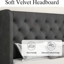 Modern Velvet Upholstered Bed Frame With Curved Wingback Design, Wooden Platform Bed Frame For Bedroom,No Box Spring Needed, Easy Assembly, Full Bed Frame/ Queen Bed Frame/ King Bed Frame/ Full Size Bed Frame/ Queen Size Bed Frame/ King Size Bed Frame,Pink/ White/ Grey - Xám - Xem 3