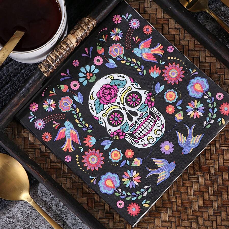 AFYPRTY 20pcs Day Of The Dead Themed Napkins, Halloween Skull Print Napkins, 6.5-Inch Double-Layer Native Wood Pulp For Party Decoration, Restaurant Table Supplies - Multicolor - View 1
