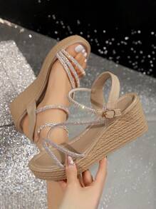 Women's Summer Rhinestone High Heel Sandals Open Toe Thick Sole Wedge Sandals - Apricot - View 1