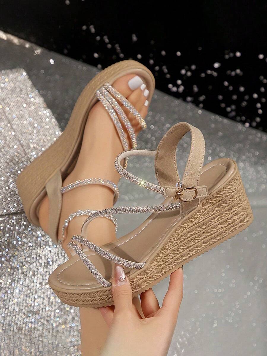 Women's Summer Rhinestone High Heel Sandals Open Toe Thick Sole Wedge Sandals - Apricot - View 1