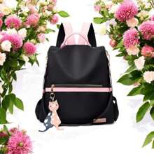 Women's Casual Waterproof Nylon Backpack With Kitten Accessory - màu đen - Xem 5