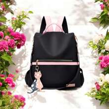 Women's Casual Waterproof Nylon Backpack With Kitten Accessory - màu đen - Xem 3