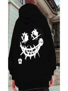 Unisex Women's And Men's Streetwear Kangaroo Sweatshirt Flannel Hooded Coat Cold Weather Sweatshirt Cotton Striped Smile (BACK) - màu đen - Xem 2