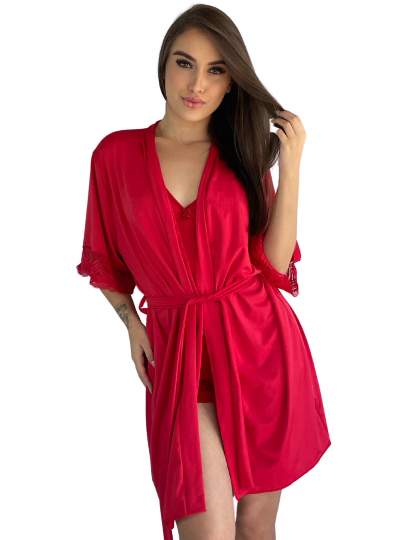 Charme Dela's Luxury Lace Robe With Polyamide Kimono Tie - Red - View 1